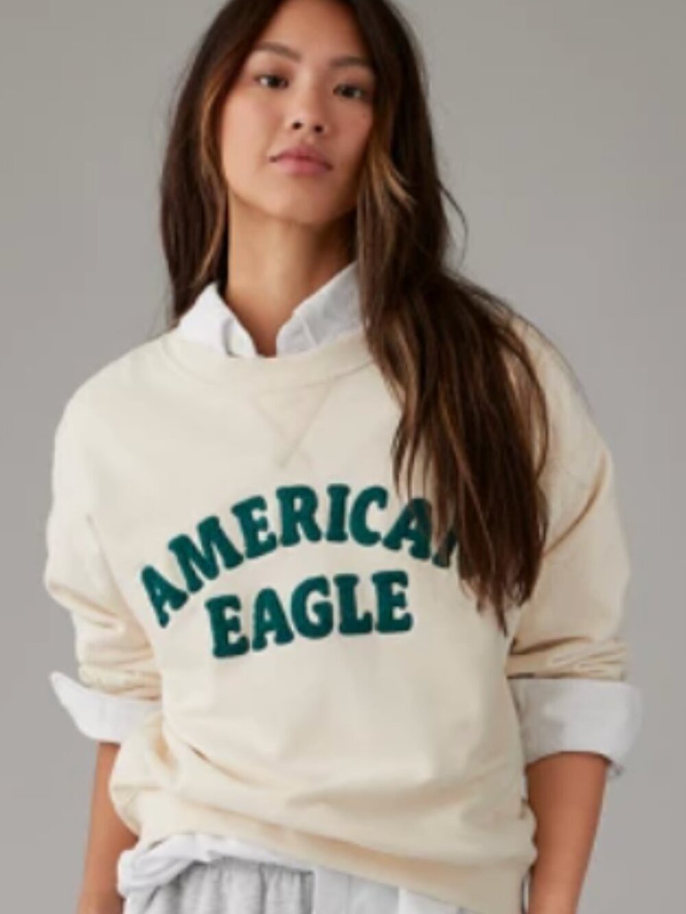 American Eagle Oversized Cream Spellout Crewneck Sweatshirt Small